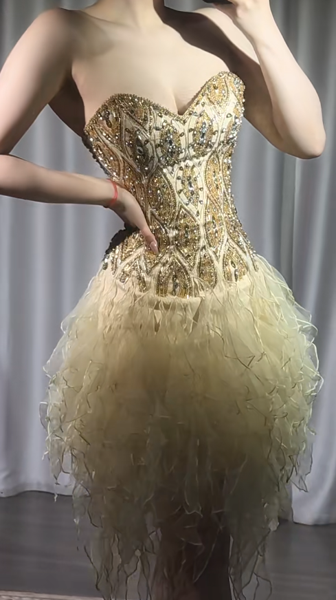 Hermosos vestidos de fiesta cortos de tul con cuentas, corte A, sin tirantes, dorados y vintage, ED03008