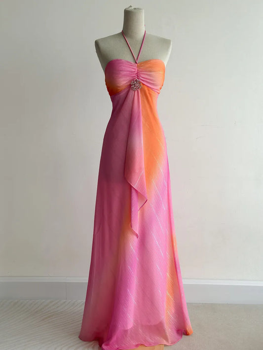 Hermoso vestido de fiesta largo de gasa con cuello halter en rosa/naranja, vestido de noche vintage ED03023