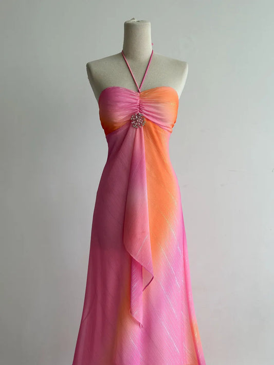 Hermoso vestido de fiesta largo de gasa con cuello halter en rosa/naranja, vestido de noche vintage ED03023