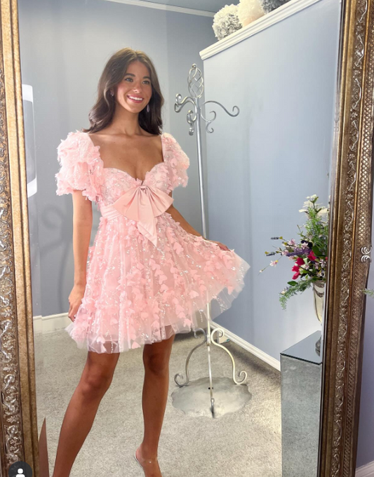 Hermoso vestido de fiesta corto con escote corazón en rosa, corte A, de tul y apliques, vestido de bienvenida dulce ED03039