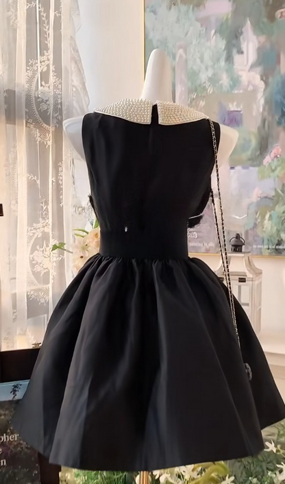 Elegante vestido negro de satén con cuentas, corte A, corto, para cumpleaños, noche y uso diario ED03042