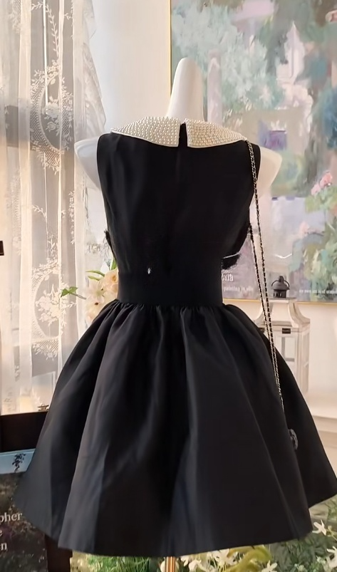 Elegante vestido negro de satén con cuentas, corte A, corto, para cumpleaños, noche y uso diario ED03042