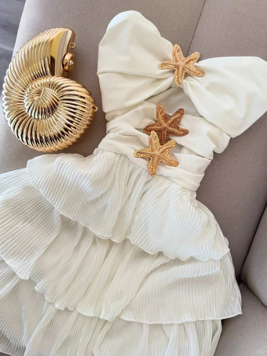 Vestido de fiesta corto de gasa blanco, sin tirantes, corte A, con estrellas de mar, para cumpleaños, ED03044