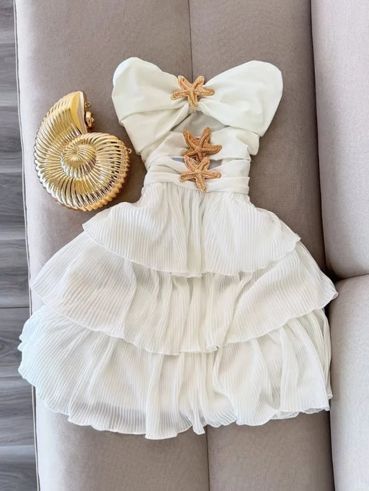 Vestido de fiesta corto de gasa blanco, sin tirantes, corte A, con estrellas de mar, para cumpleaños, ED03044