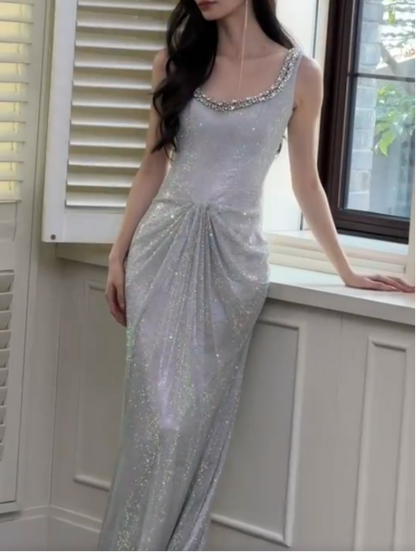 Hermosos vestidos de fiesta largos de satén con escote barco y corte sirena en plata brillante, vestidos de noche formales ED03048
