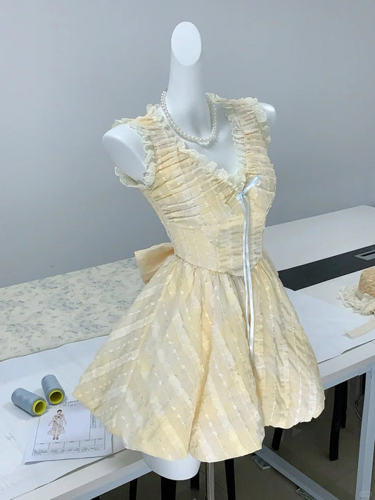 Vestido corto amarillo de fiesta con escote en V, encaje y tul, corte A, para cumpleaños, ED03087