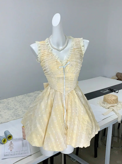 Vestido corto amarillo de fiesta con escote en V, encaje y tul, corte A, para cumpleaños, ED03087