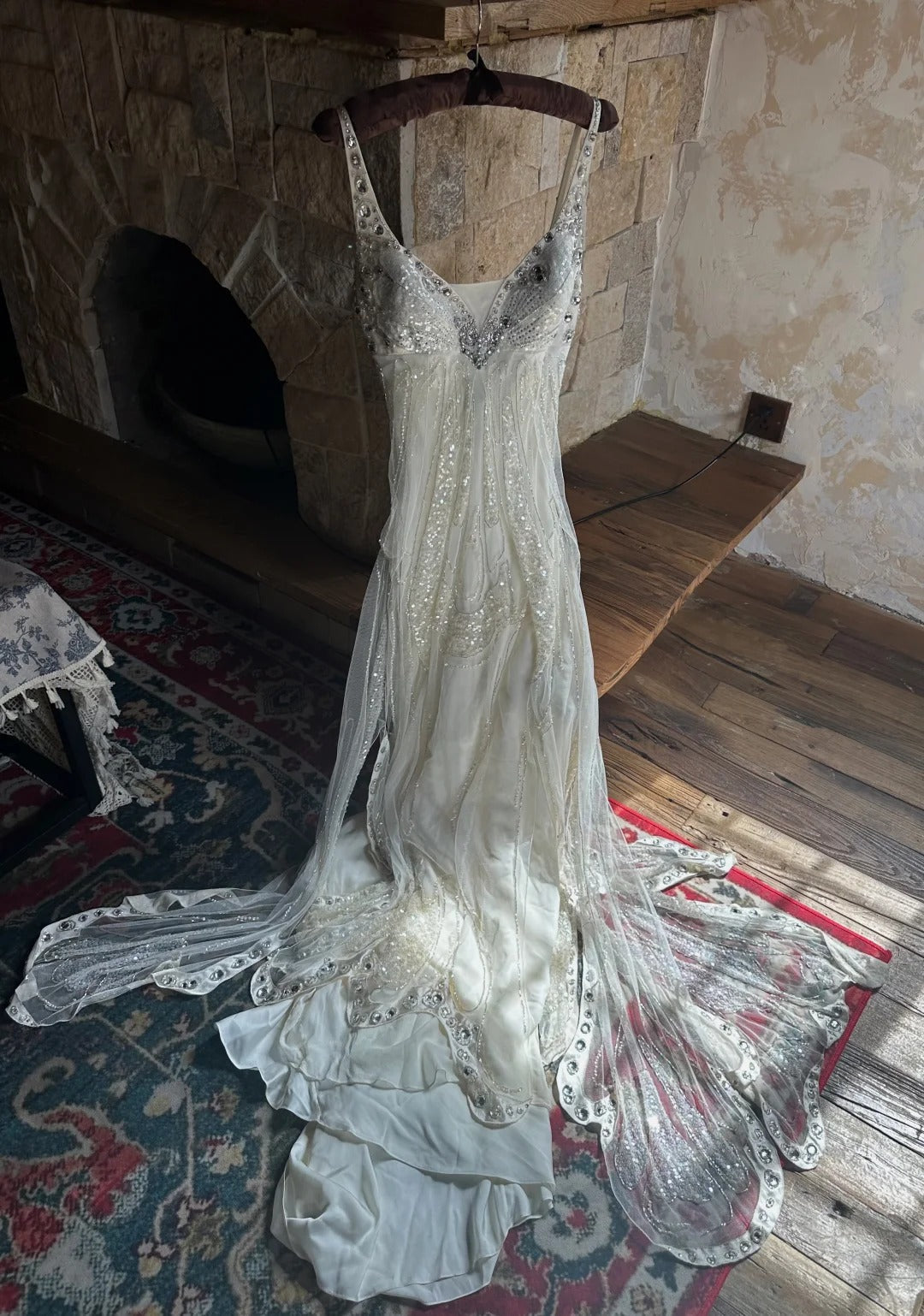 Gorgeous White V-neck A-Line Tulle Beaded Long Prom Dresses Beautiful Trailing Wedding Dress with Sequins ED03097