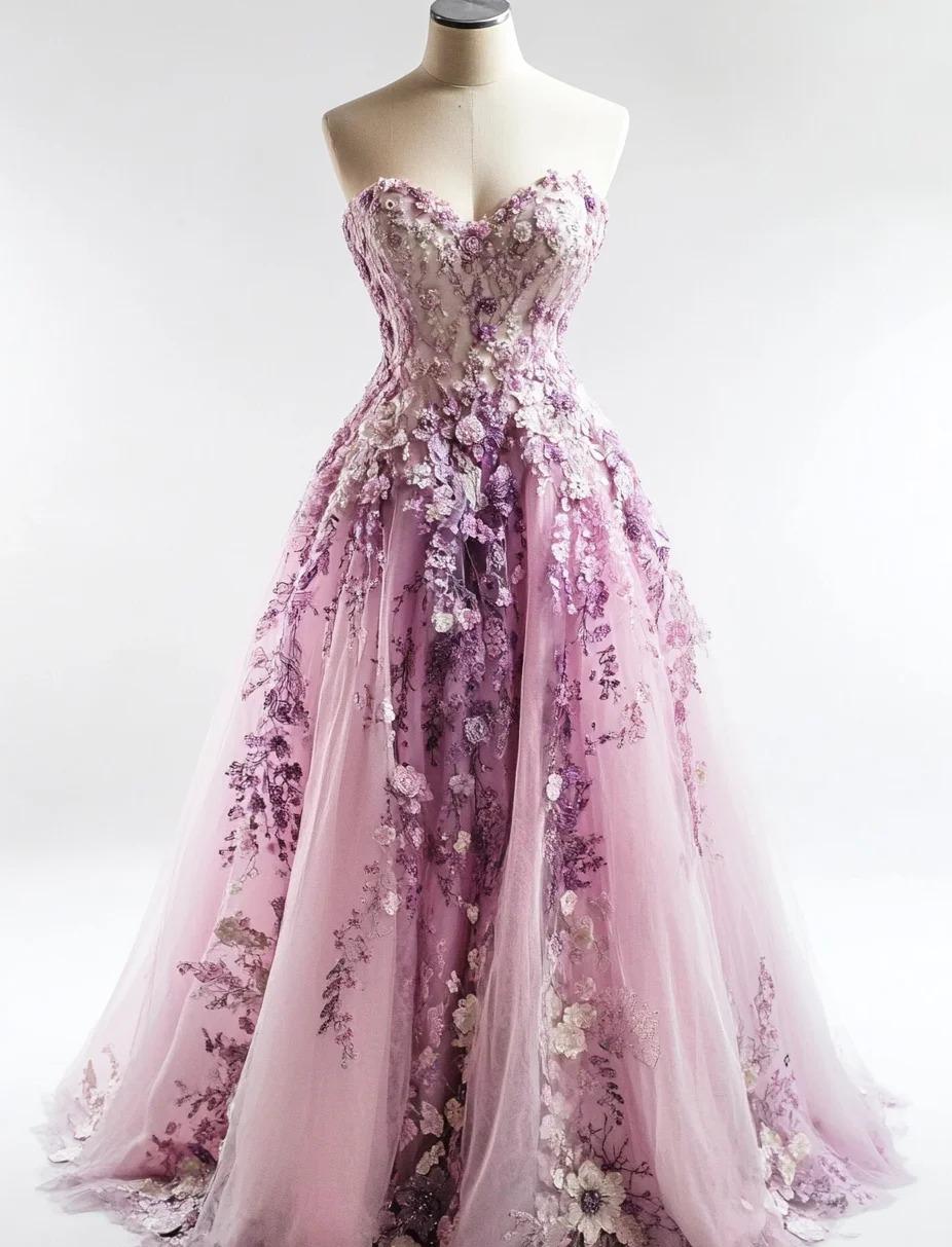 Vestido de novia largo de tul con escote corazón en color rosa cuento de hadas, corte A, apliques, ED03104