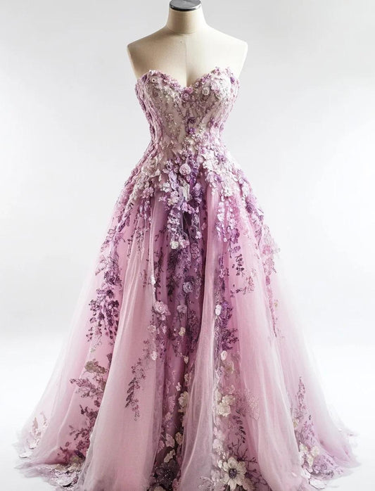 Fairytale Pink Sweetheart Neck A-Line Tulle Applique Long Prom Dresses Gorgeous Wedding Dress ED03104