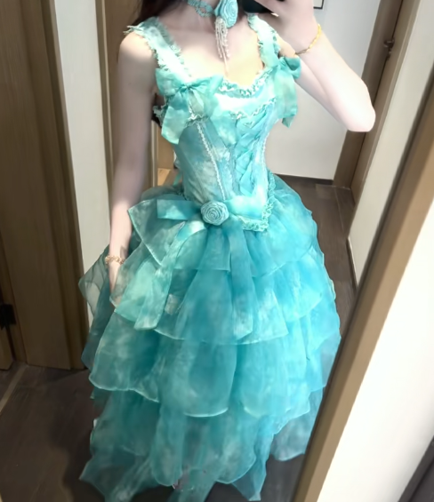 Fairytale Turquoise Square Neck A-Line Layered Tulle Long Prom Dress for Graduation Prom & Quinceañera ED03110