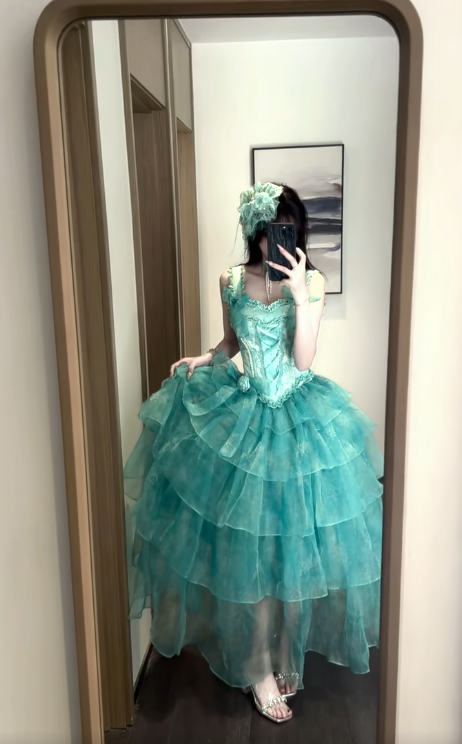 Fairytale Turquoise Square Neck A-Line Layered Tulle Long Prom Dress for Graduation Prom & Quinceañera ED03110