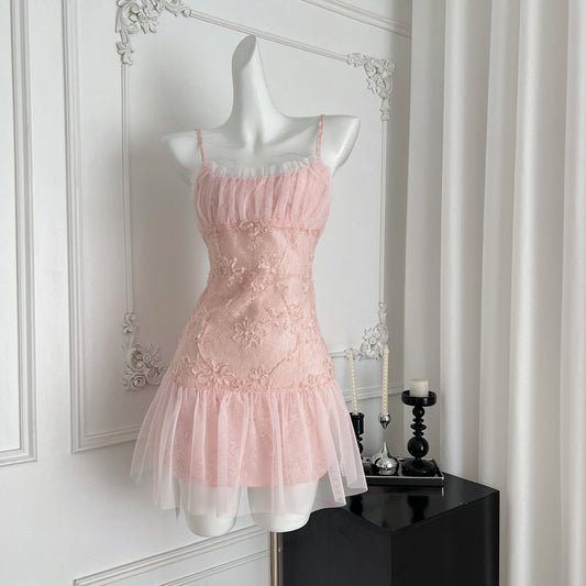 Vestido corto de tul con encaje y tirantes finos en color rosa dulce, corte A, para fiesta de cumpleaños al aire libre, ED03130
