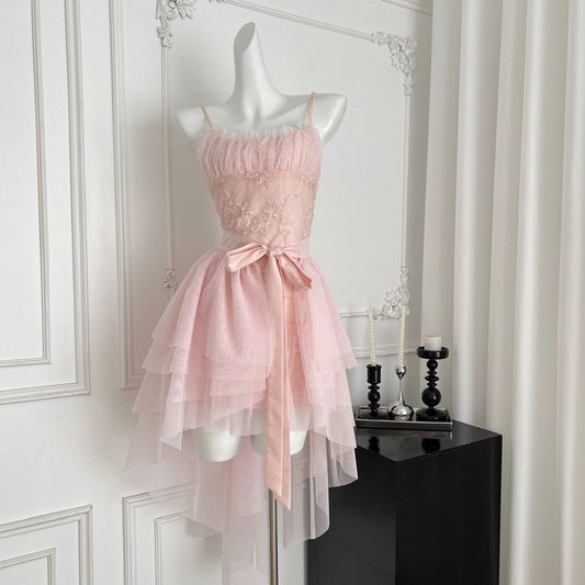 Vestido corto de tul con encaje y tirantes finos en color rosa dulce, corte A, para fiesta de cumpleaños al aire libre, ED03130