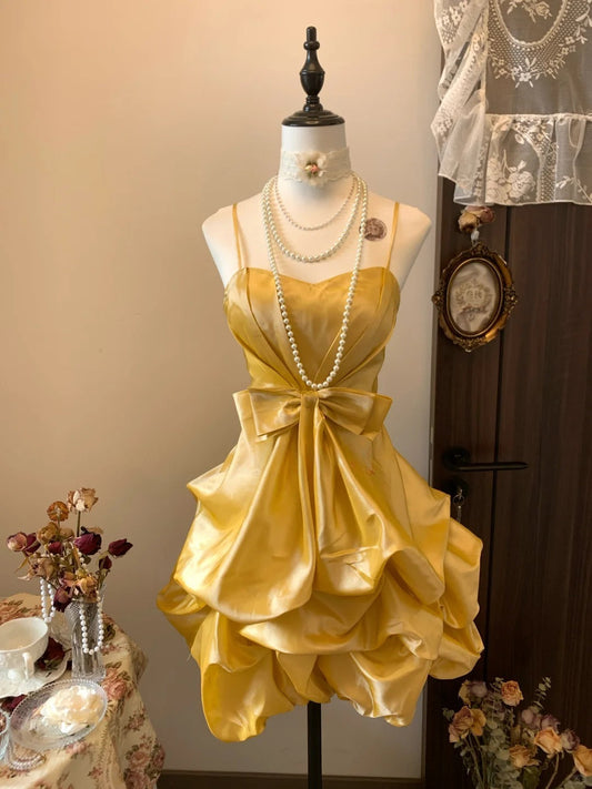 Vestido de fiesta corto de satén con tirantes finos dorados estilo vintage, corte A, elegante, para regreso a casa, ED03137
