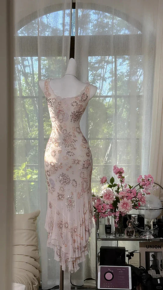 Ivory Exquisite Sheath Spaghetti Strap Floral Beaded Chiffon Homecoming Dress Cocktail Dress SH3773