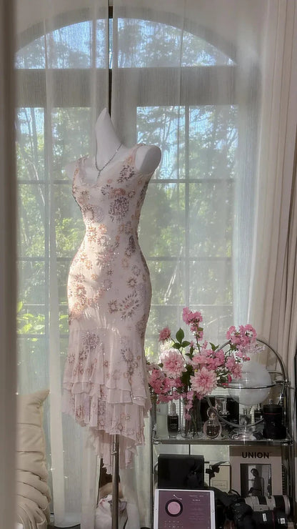 Ivory Exquisite Sheath Spaghetti Strap Floral Beaded Chiffon Homecoming Dress Cocktail Dress SH3773