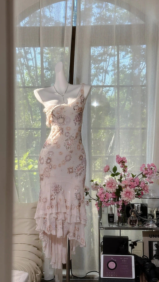 Elegante vestido de fiesta corto de gasa con escote en V, color albaricoque y cuentas, ED03142