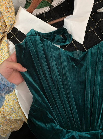 Retro Green Spaghetti Straps Bodycon Velvet Short Prom Dresses Elegant Homecoming Dress ED03143