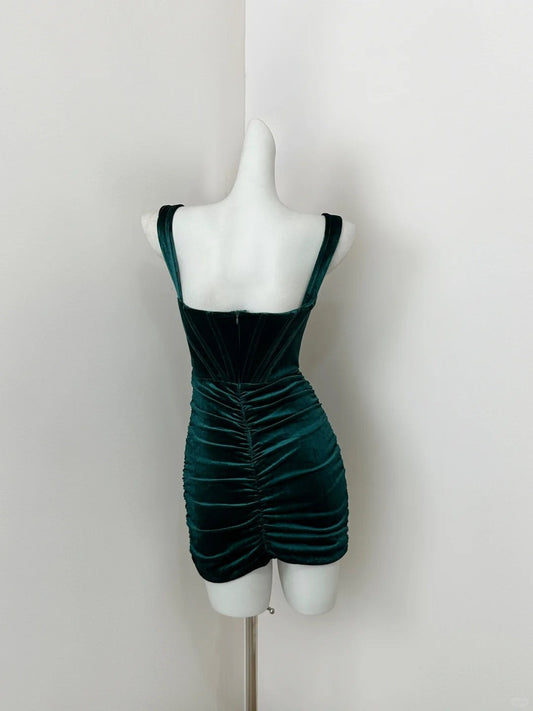 Vestido de fiesta corto de terciopelo ajustado con tirantes finos verde retro, elegante vestido de bienvenida ED03143