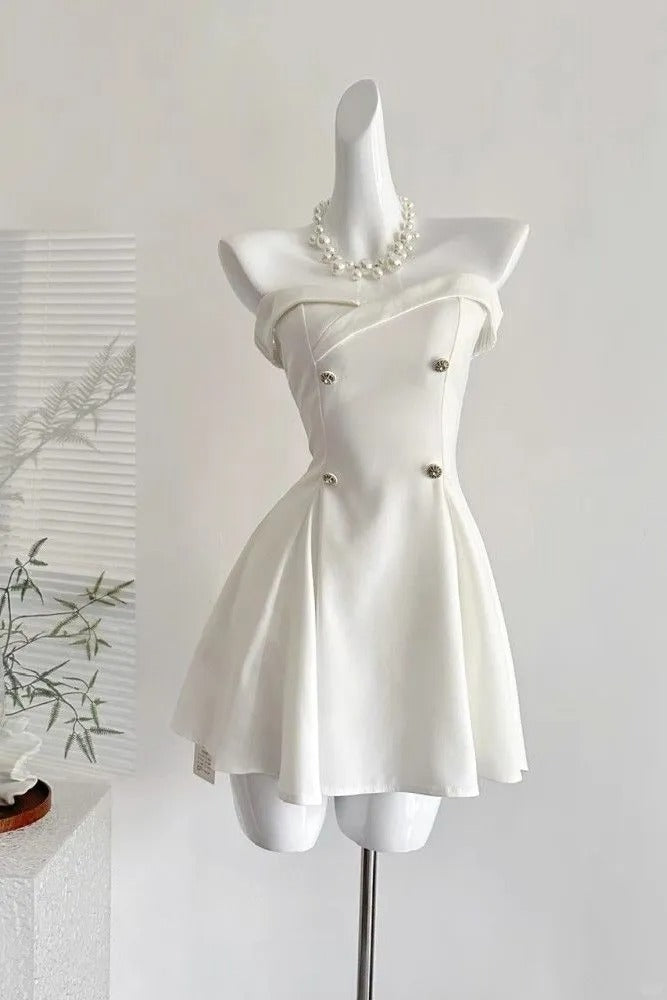 Vestido de fiesta elegante de cumpleaños, corto, blanco, sin tirantes, corte A, ED03154
