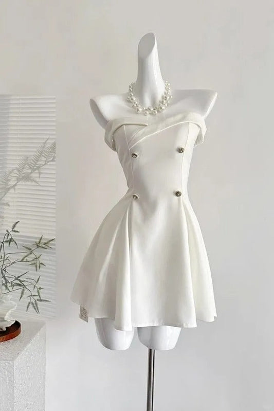 Vestido de fiesta elegante de cumpleaños, corto, blanco, sin tirantes, corte A, ED03154