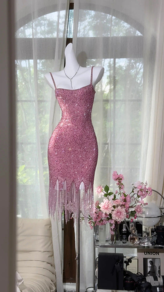 Fairytale Pink Spaghetti Straps Bodycon Beaded Sequin Short Prom Dresses ED03155