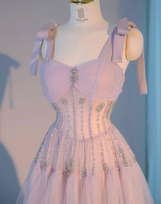 Fairytale Light Purple A-Line Straps Tulle Long Prom Dresses Sweet 16 Evening Gowns ED03166