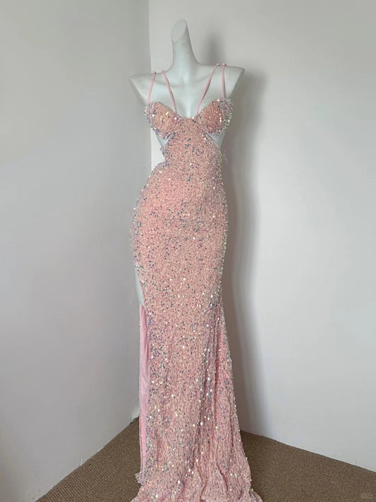 Gorgeous Pink Spaghetti Straps Sheath Sequin Long Prom Dresses Formal Evening Gowns with Slits ED03167