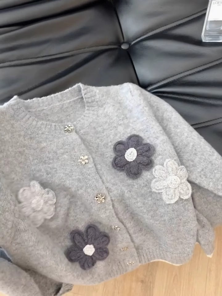 Grey Knitted long sleeve Cardigan with Handmade Flowers ED0316