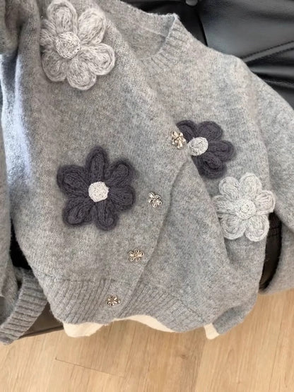 Grey Knitted long sleeve Cardigan with Handmade Flowers ED0316