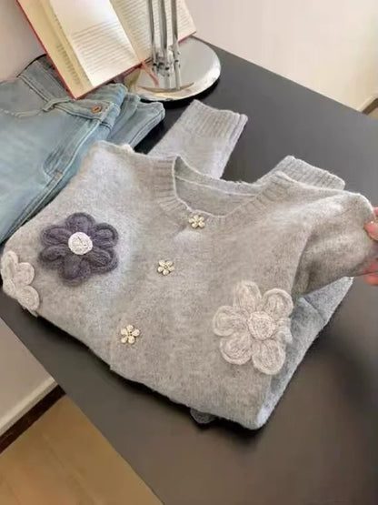 Grey Knitted long sleeve Cardigan with Handmade Flowers ED0316