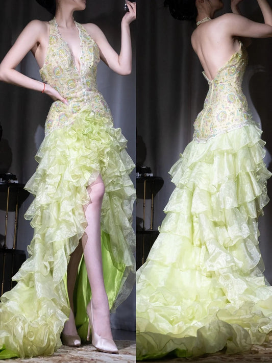 Fairytale Green Halter NecHi-Lok  Tulle Beaded Long Prom Dresses with Open Back ED03174