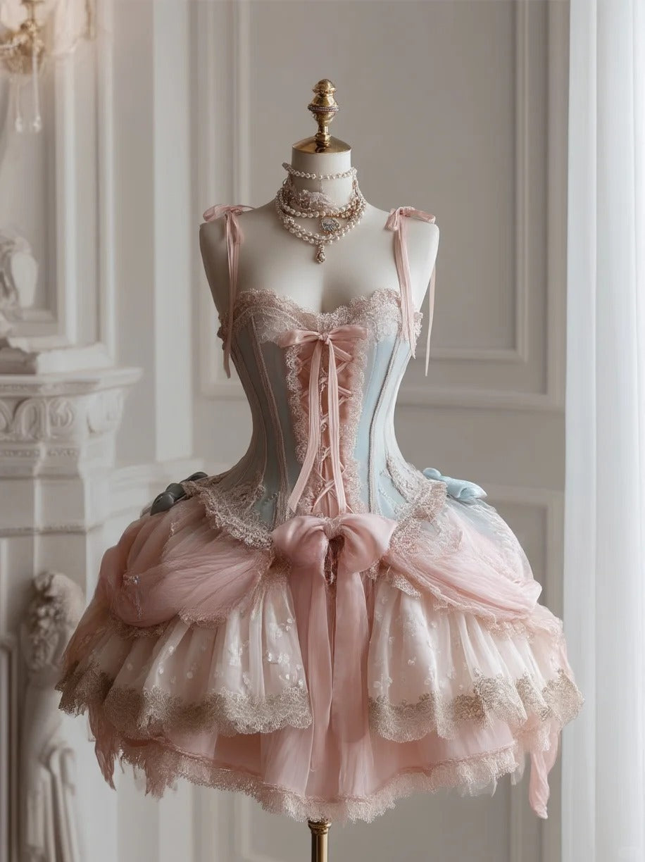 Hermoso vestido de fiesta corto estilo lolita con tirantes finos en tul y encaje rosa para quinceañeras ED03177