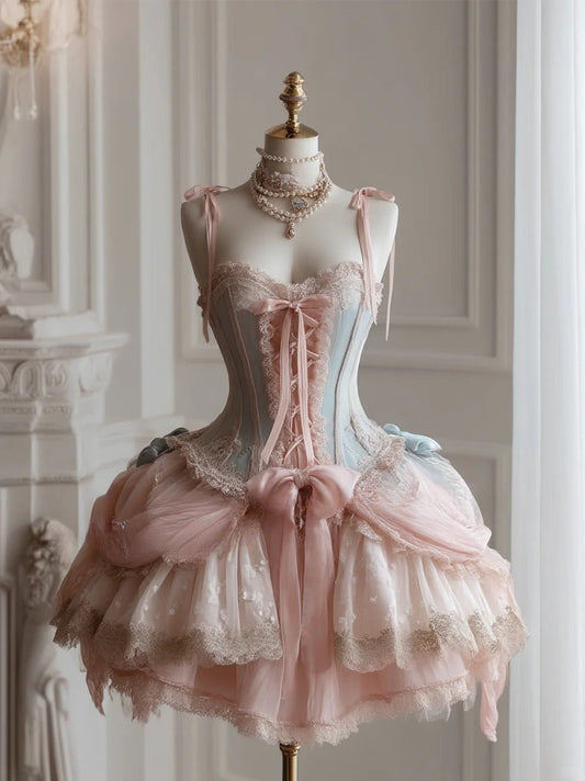 Hermoso vestido de fiesta corto estilo lolita con tirantes finos en tul y encaje rosa para quinceañeras ED03177