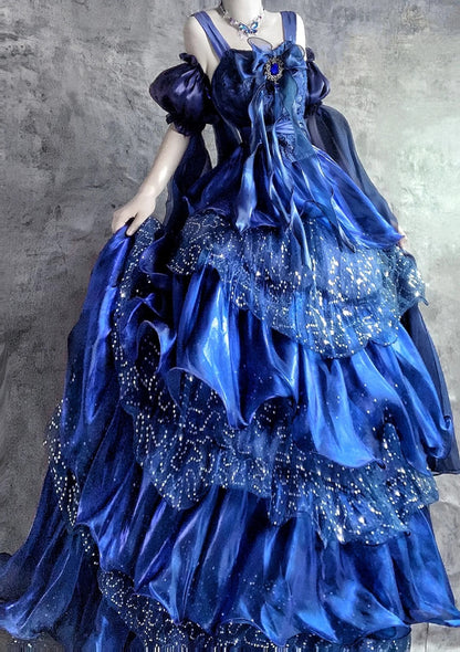 Hermosos vestidos de fiesta largos de satén con lentejuelas y tirantes finos en azul de cuento de hadas, corte A, para cumpleaños, ED03186
