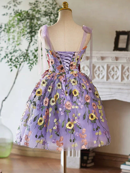 Vestido de fiesta corto de tul morado con encaje, vestido morado de bienvenida ED032
