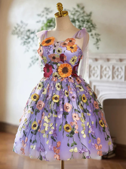 Vestido de fiesta corto de tul morado con encaje, vestido morado de bienvenida ED032