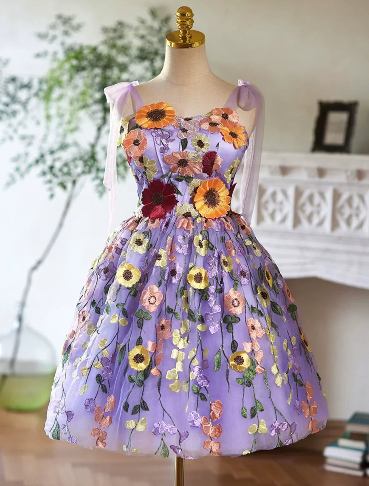 Vestido de fiesta corto de tul morado con encaje, vestido morado de bienvenida ED032
