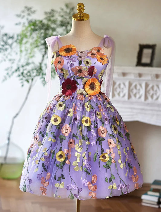 Vestido de fiesta corto de tul morado con encaje, vestido morado de bienvenida ED032