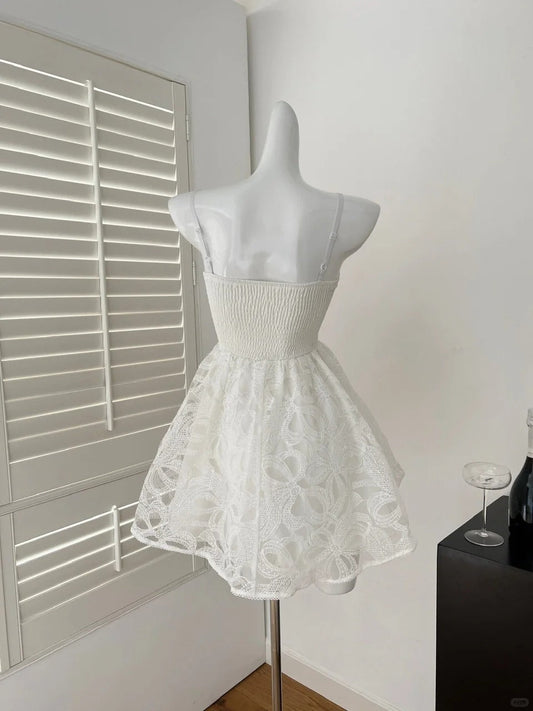 Vestido corto de encaje blanco con escote corazón, corte A, para fiesta de cumpleaños en la piscina, ED03200