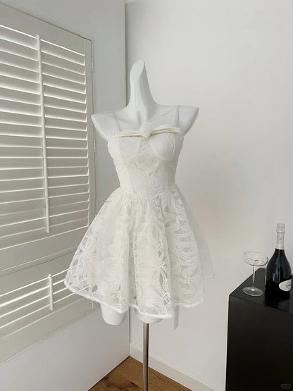 Vestido corto de encaje blanco con escote corazón, corte A, para fiesta de cumpleaños en la piscina, ED03200