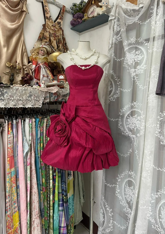 Vestido de fiesta corto de tafetán rojo vintage sin tirantes, corte A, clásico, para regreso a casa, ED03205