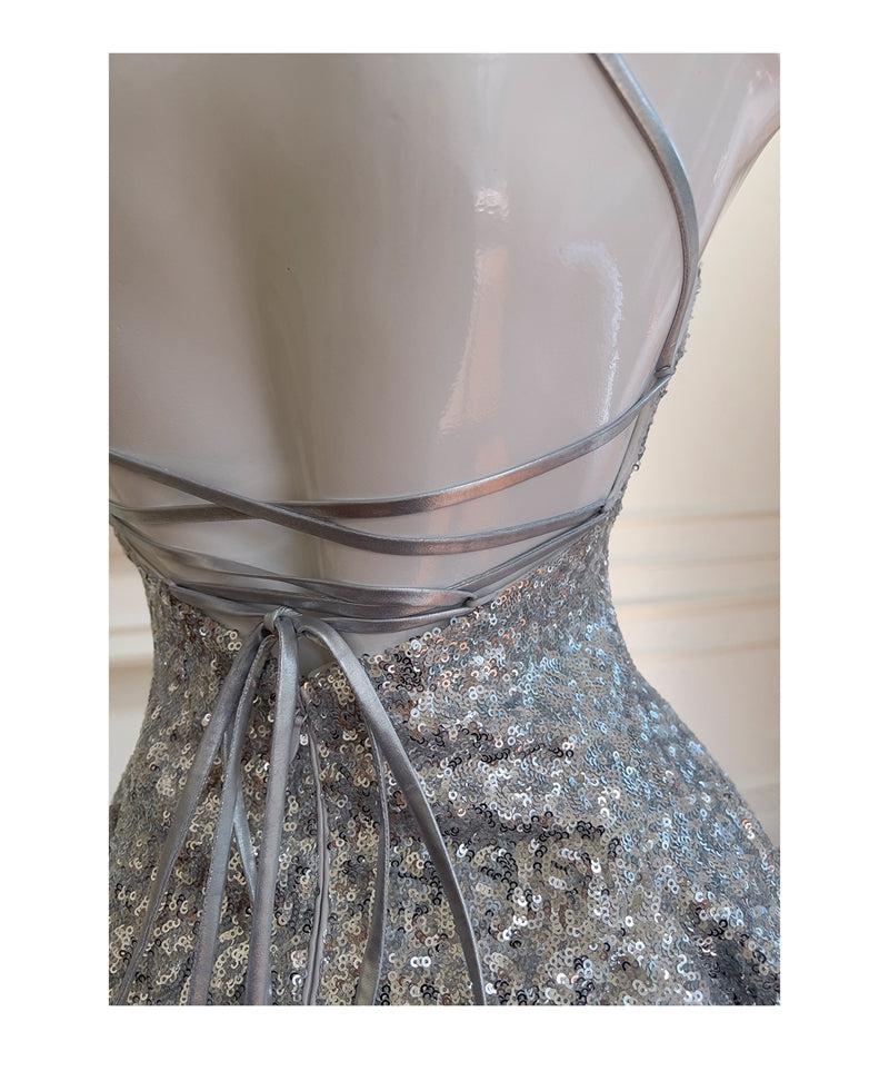 Vestido de fiesta corto con lentejuelas, cuello halter y corte A, color plateado brillante, vestidos de noche formales ED03214