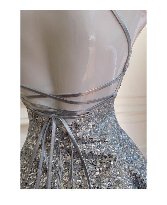 Vestido de fiesta corto con lentejuelas, cuello halter y corte A, color plateado brillante, vestidos de noche formales ED03214
