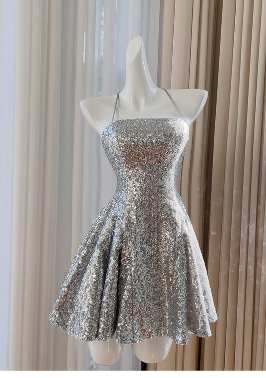 Vestido de fiesta corto con lentejuelas, cuello halter y corte A, color plateado brillante, vestidos de noche formales ED03214