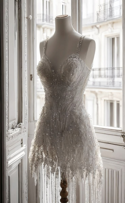 Hermoso vestido de fiesta corto ajustado con tirantes finos blancos y lentejuelas y cuentas, vestido de fiesta de moda ED03220