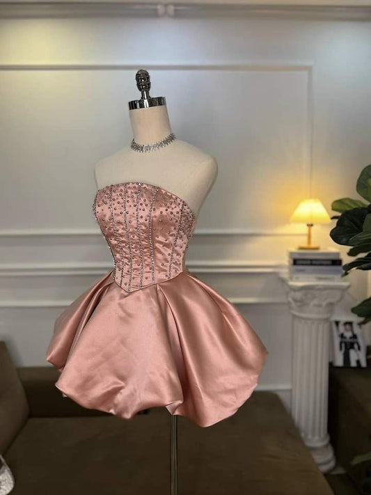Vestidos de fiesta cortos de corte A, sin tirantes, color melocotón, con brillo, para el regreso a casa ED03222