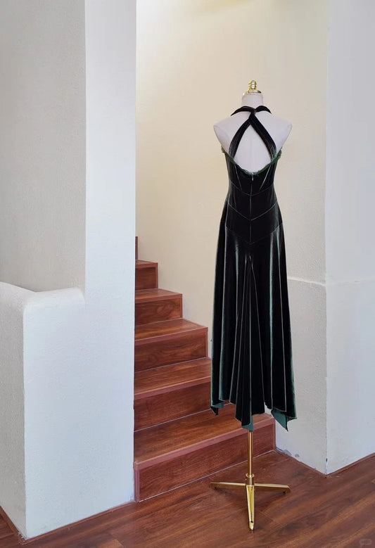 Vestido de fiesta corto vintage de terciopelo verde oscuro con escote halter ED03227