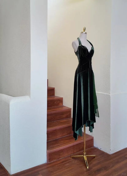 Vestido de fiesta corto vintage de terciopelo verde oscuro con escote halter ED03227